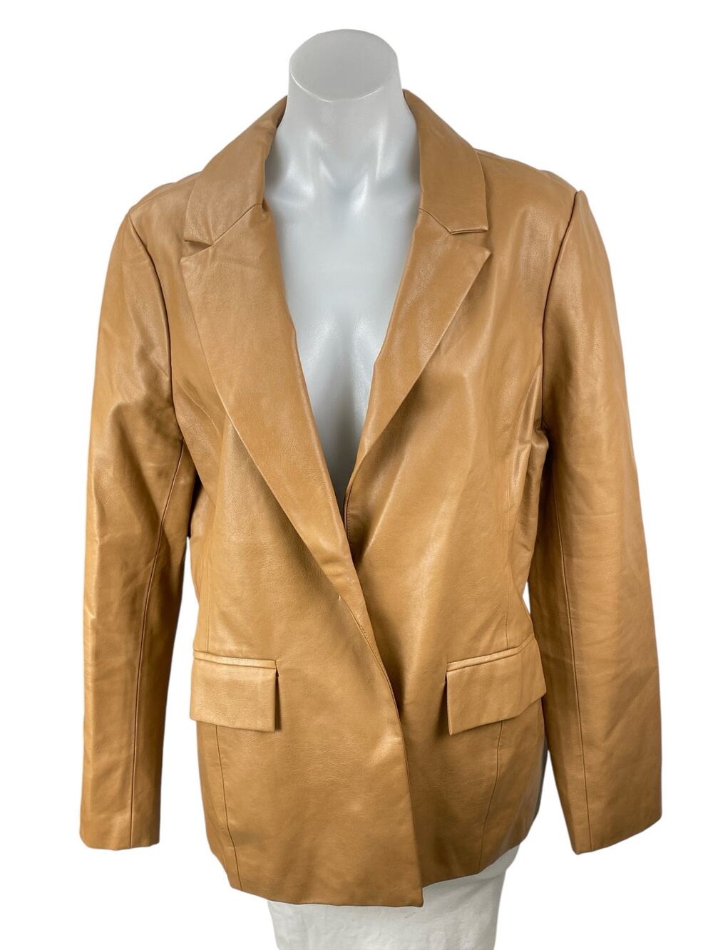 Le Lis Womens Brown Faux Leather Notched Collar Long Sleeve Blazer Coat Jacket L